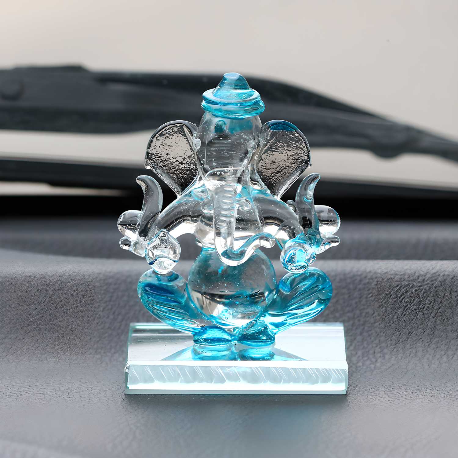 eCraftIndia Sky-blue and Transparent Double Sided Crystal Car Ganesha Showpiece