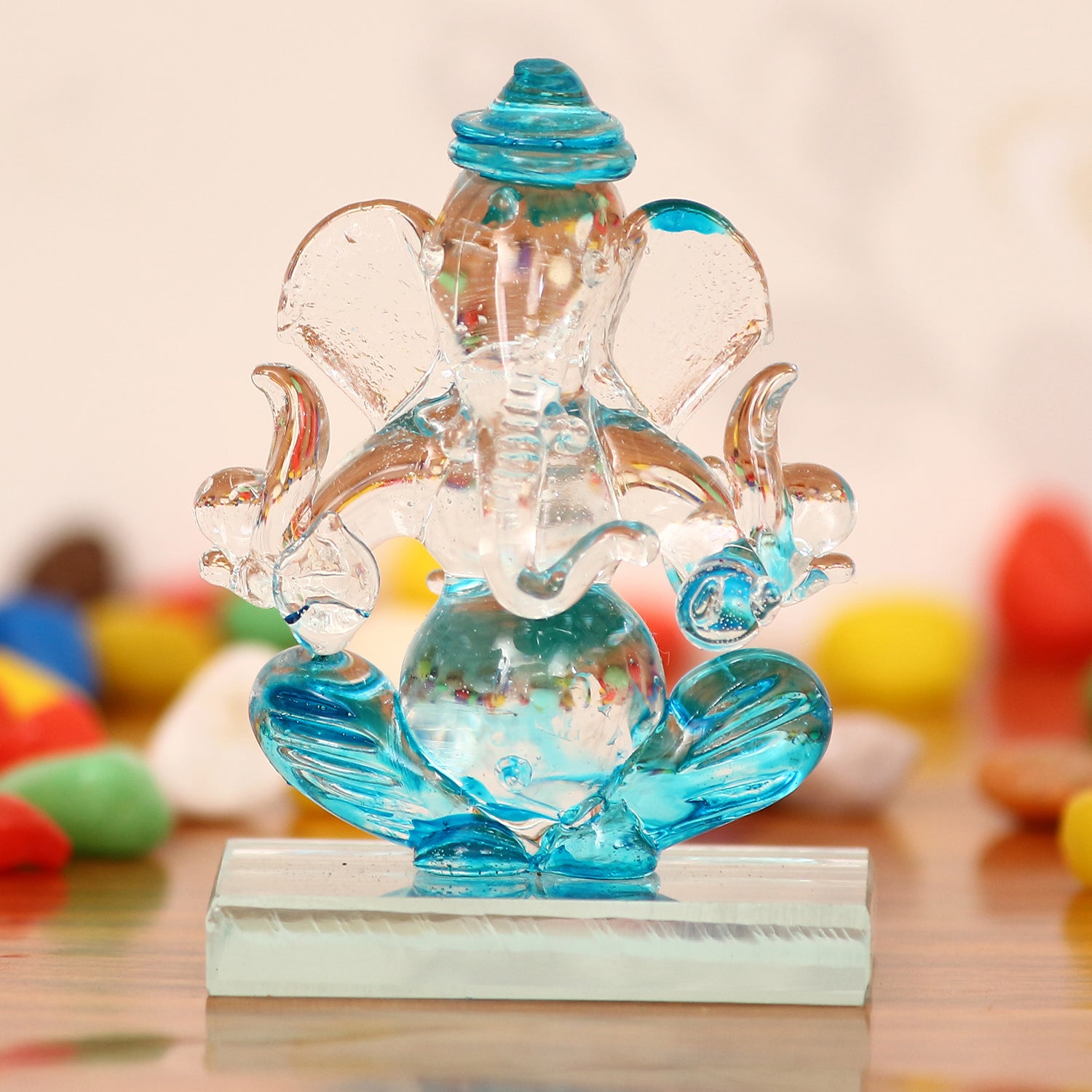 eCraftIndia Sky-blue and Transparent Double Sided Crystal Car Ganesha Showpiece