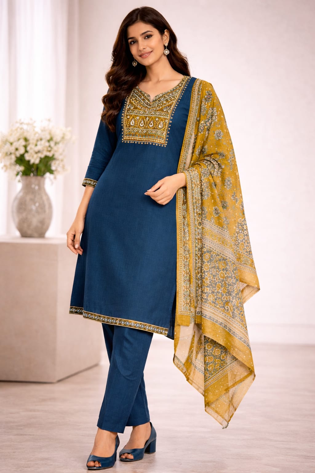 Blue Printed Kurti Set with Dupatta