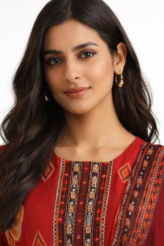Rust Royal Printed Kurti Set with Dupatta