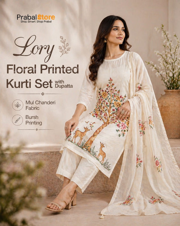 Ivory Floral Tree Print Kurti Set with Dupatta | Mul Chanderi | Elegant Designer Ethnic Wear for Women