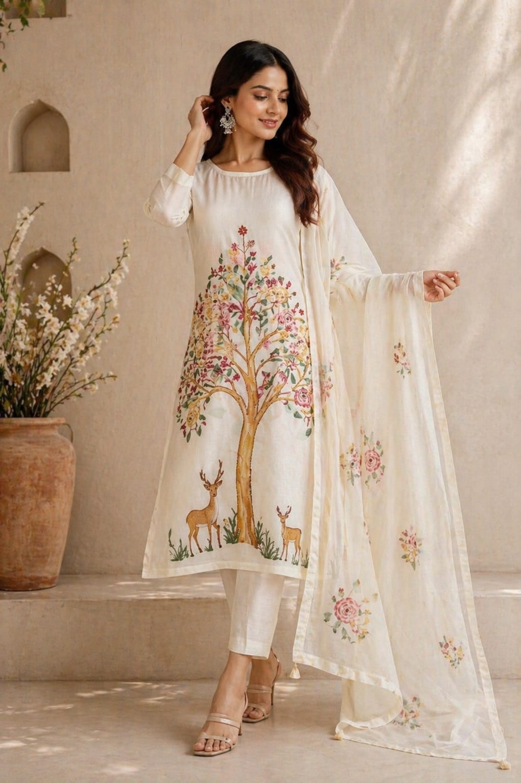 Ivory Floral Tree Print Kurti Set with Dupatta | Mul Chanderi | Elegant Designer Ethnic Wear for Women