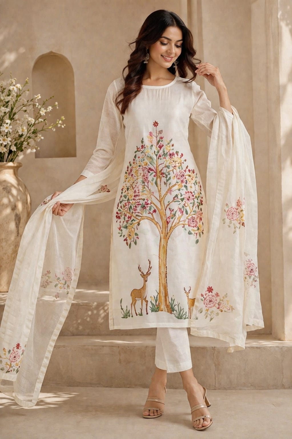 Ivory Floral Tree Print Kurti Set with Dupatta | Mul Chanderi | Elegant Designer Ethnic Wear for Women