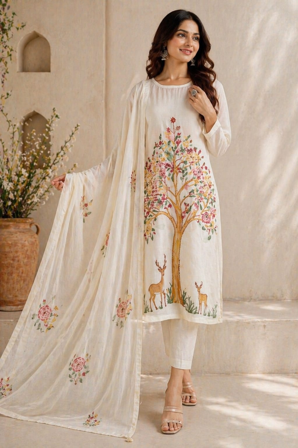 Ivory Floral Tree Print Kurti Set with Dupatta | Mul Chanderi | Elegant Designer Ethnic Wear for Women