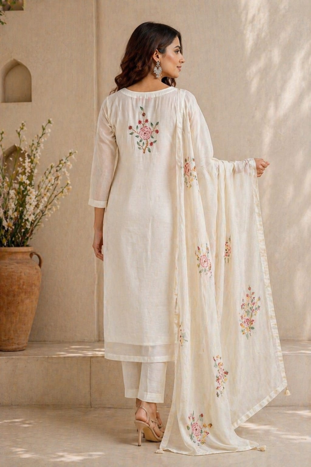 Ivory Floral Tree Print Kurti Set with Dupatta | Mul Chanderi | Elegant Designer Ethnic Wear for Women