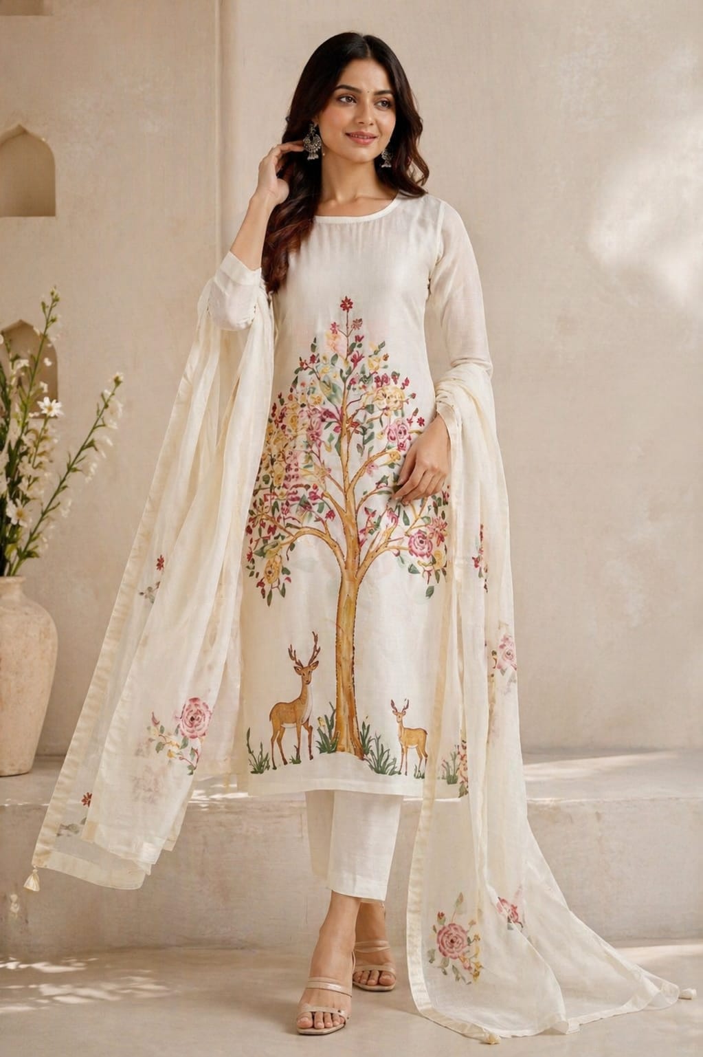 Ivory Floral Tree Print Kurti Set with Dupatta | Mul Chanderi | Elegant Designer Ethnic Wear for Women