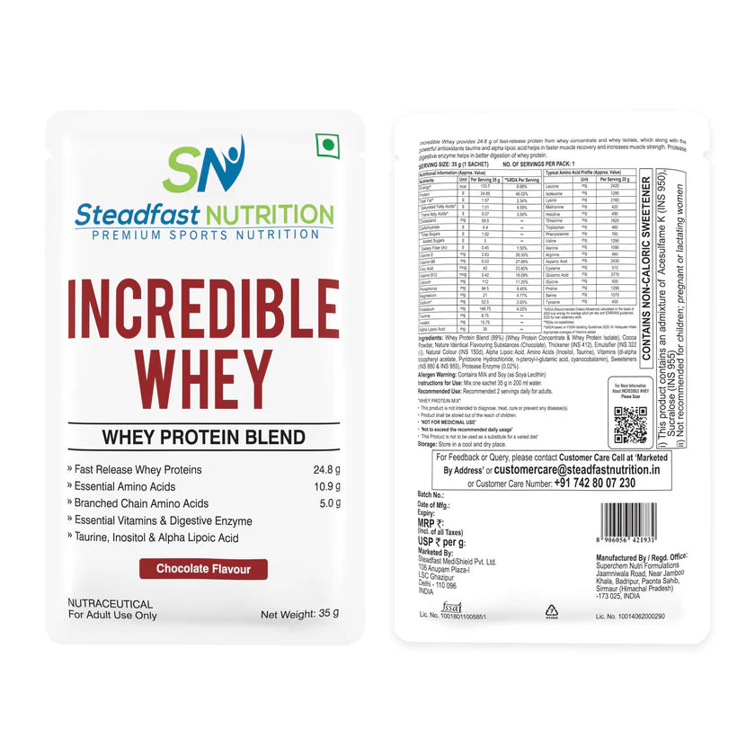 Steadfast Nutrition Incredible Whey – Chocolate Flavour | Fast Absorption Protein Sachets (6, 15, 30 Packs)
